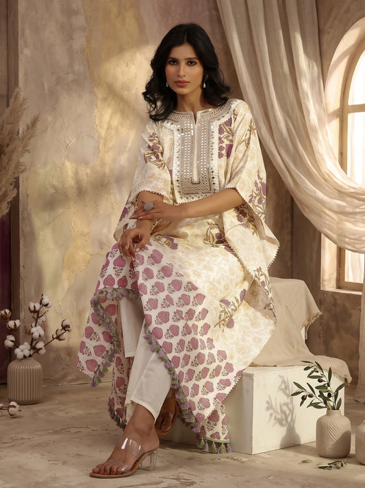 Jaal - Pattern Cotton Block Printed Kaftan Set - Bluauraa