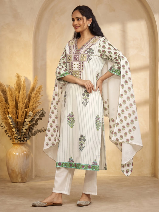 Cotton Floral - Printed Embroidered Straight Suit - Bluauraa