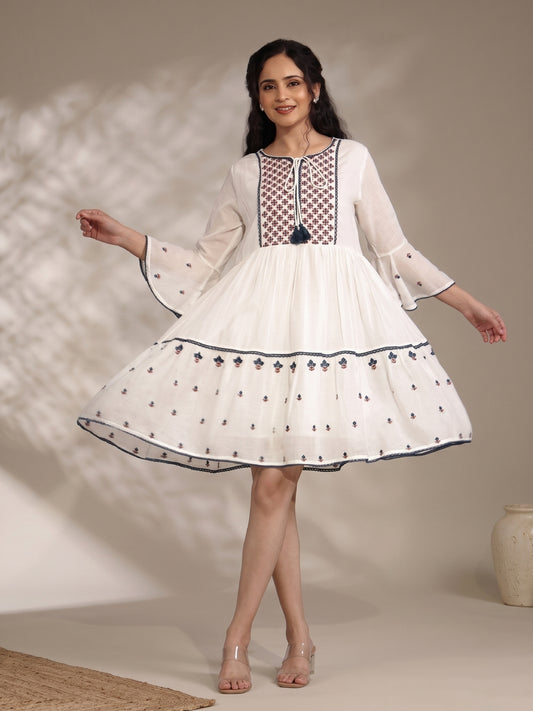 Cotton Mulmul Embroidered Dress - Bluauraa