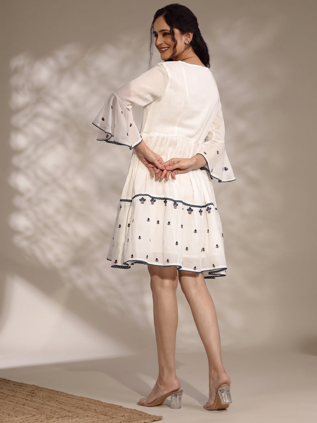 Cotton Mulmul Embroidered Dress - BluAuraa