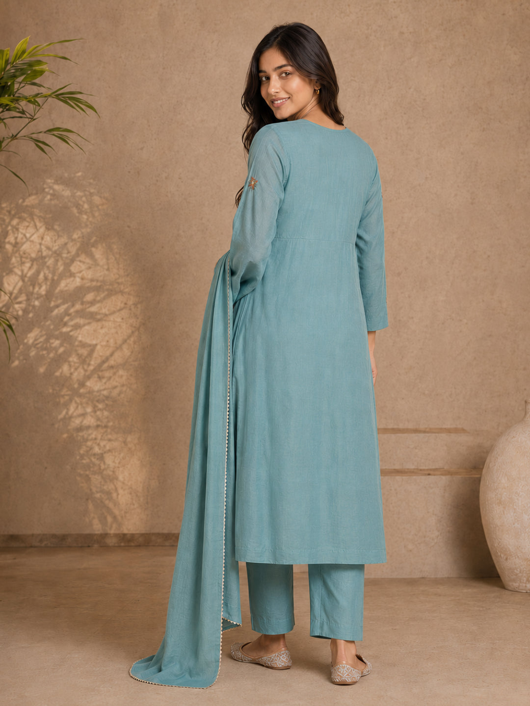 Mul Chanderi Hand Embroidered Anarkali Suit - BluAuraa