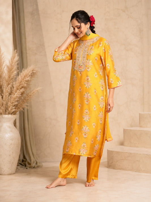 Mustard Floral Chanderi Silk Straight Suit - Bluauraa
