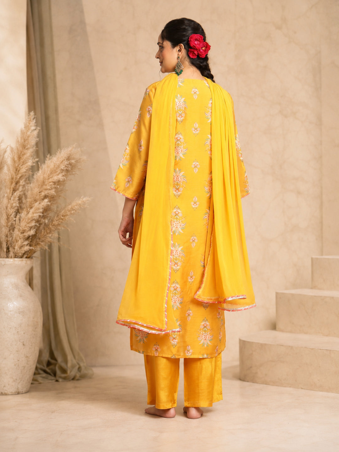 Mustard Floral Chanderi Silk Straight Suit - BluAuraa