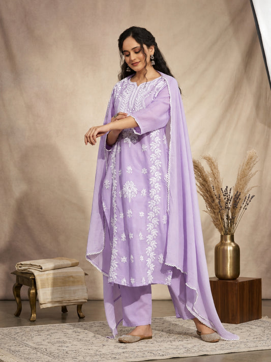 Cotton Mulmul Chikankari Embroidered Straight Suit Lavender - Bluauraa