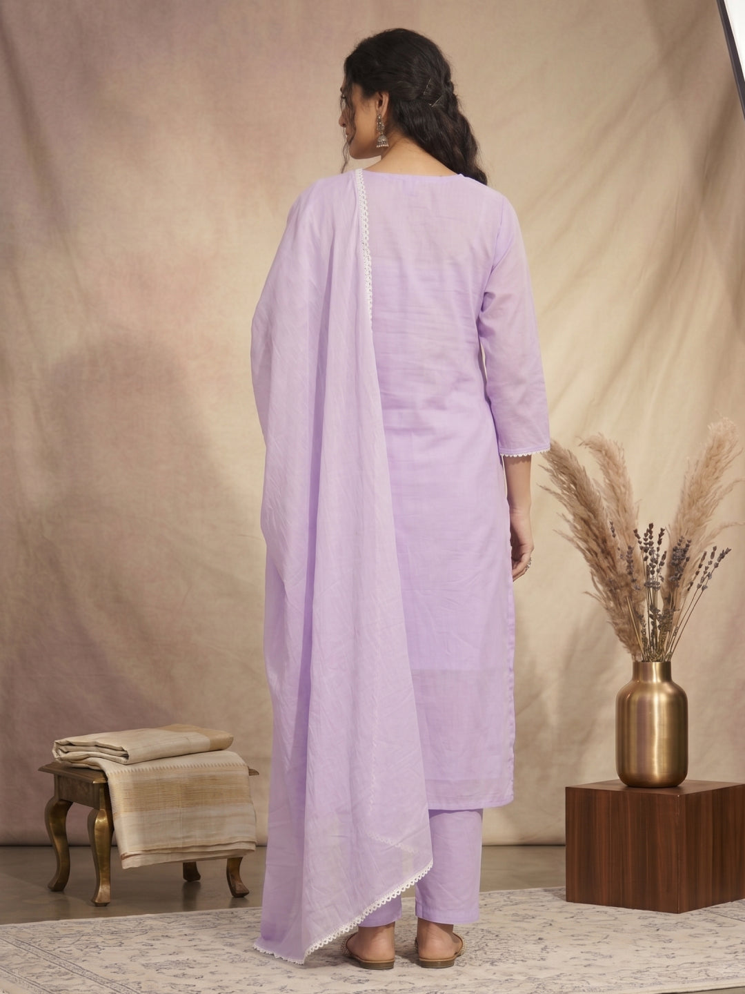 Cotton Mulmul Chikankari Embroidered Straight Suit Lavender - BluAuraa