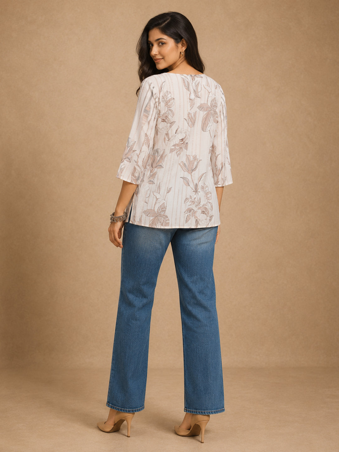 Ivory Vertical Stripe Floral Printed Tunic - BluAuraa