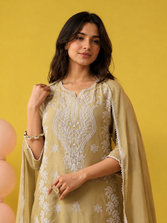Beige - Cotton Mulmul Chikankari Embroidered Straight Suit - BluAuraa