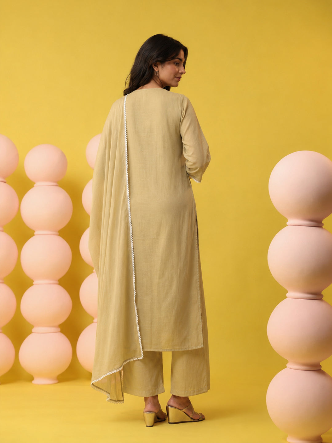 Beige - Cotton Mulmul Chikankari Embroidered Straight Suit - BluAuraa