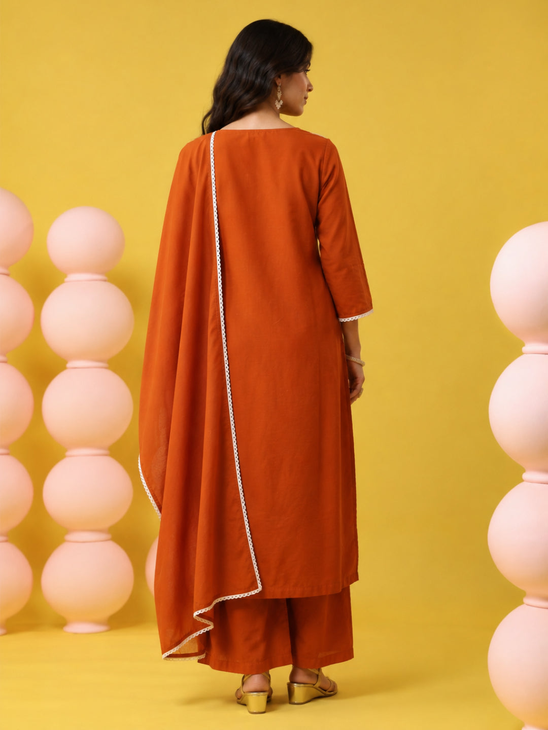 Rust Orange - Cotton Mulmul Chikankari Embroidered Straight Suit