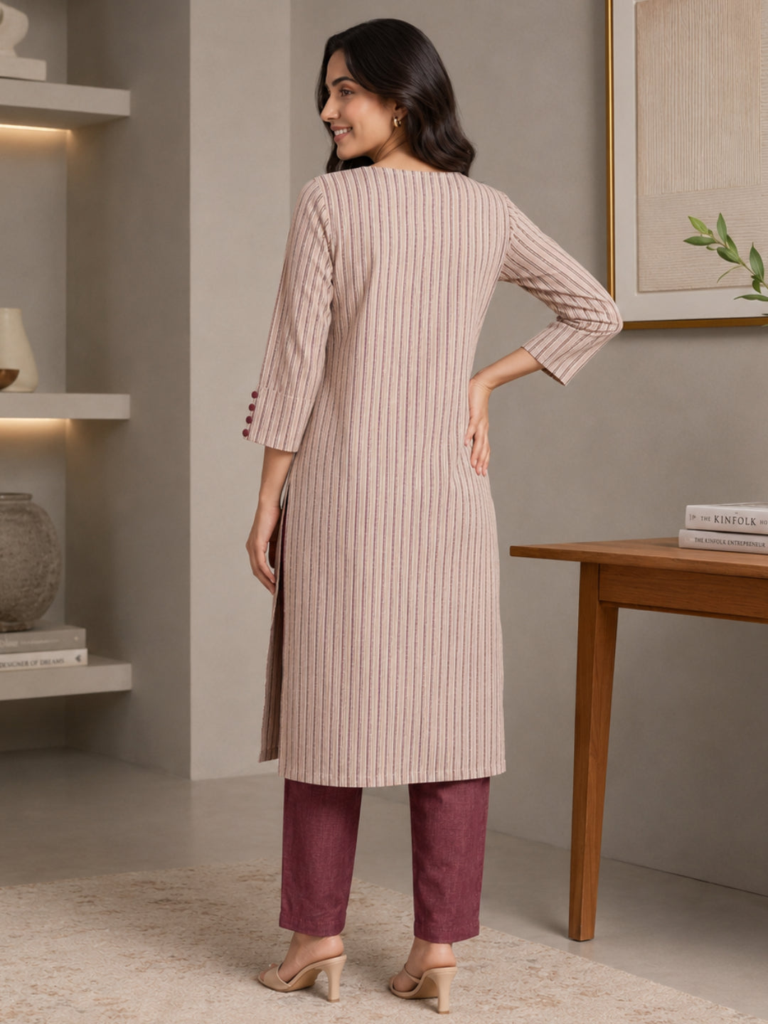 Biege Striped Kurta with Maroon Pant - BluAuraa