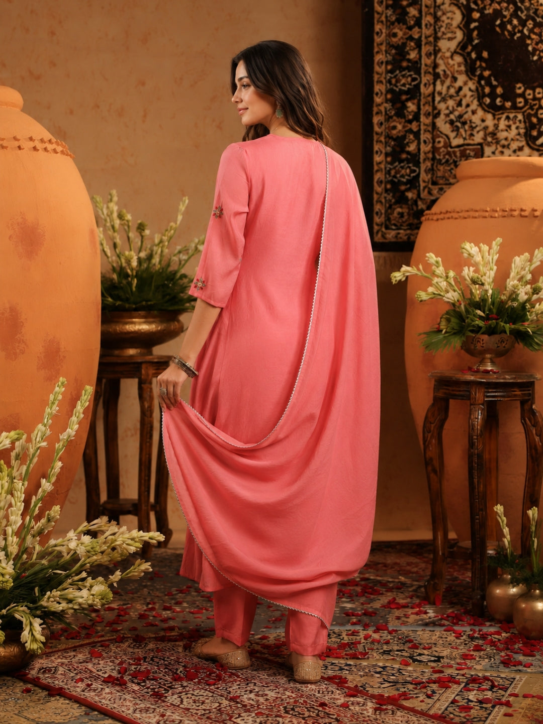 Mul Chanderi Hand Embroidered A Line Anarkali Suit - Mauve - BluAuraa