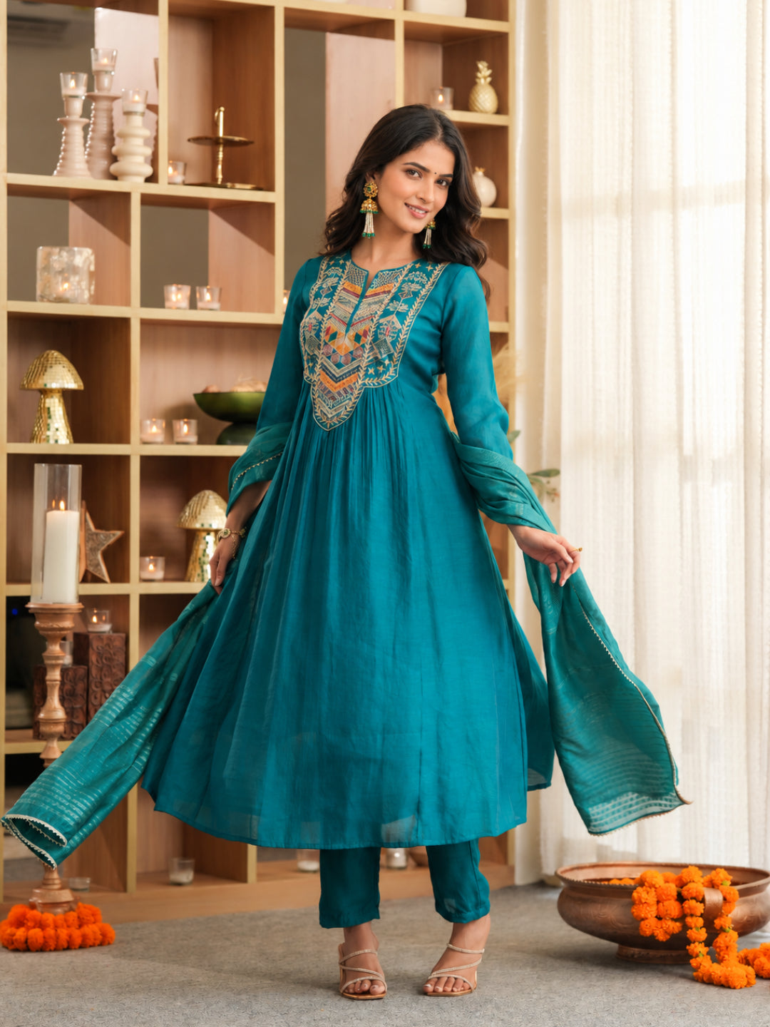 Green Mul Chanderi Embroidered Anarkali Suit - BluAuraa