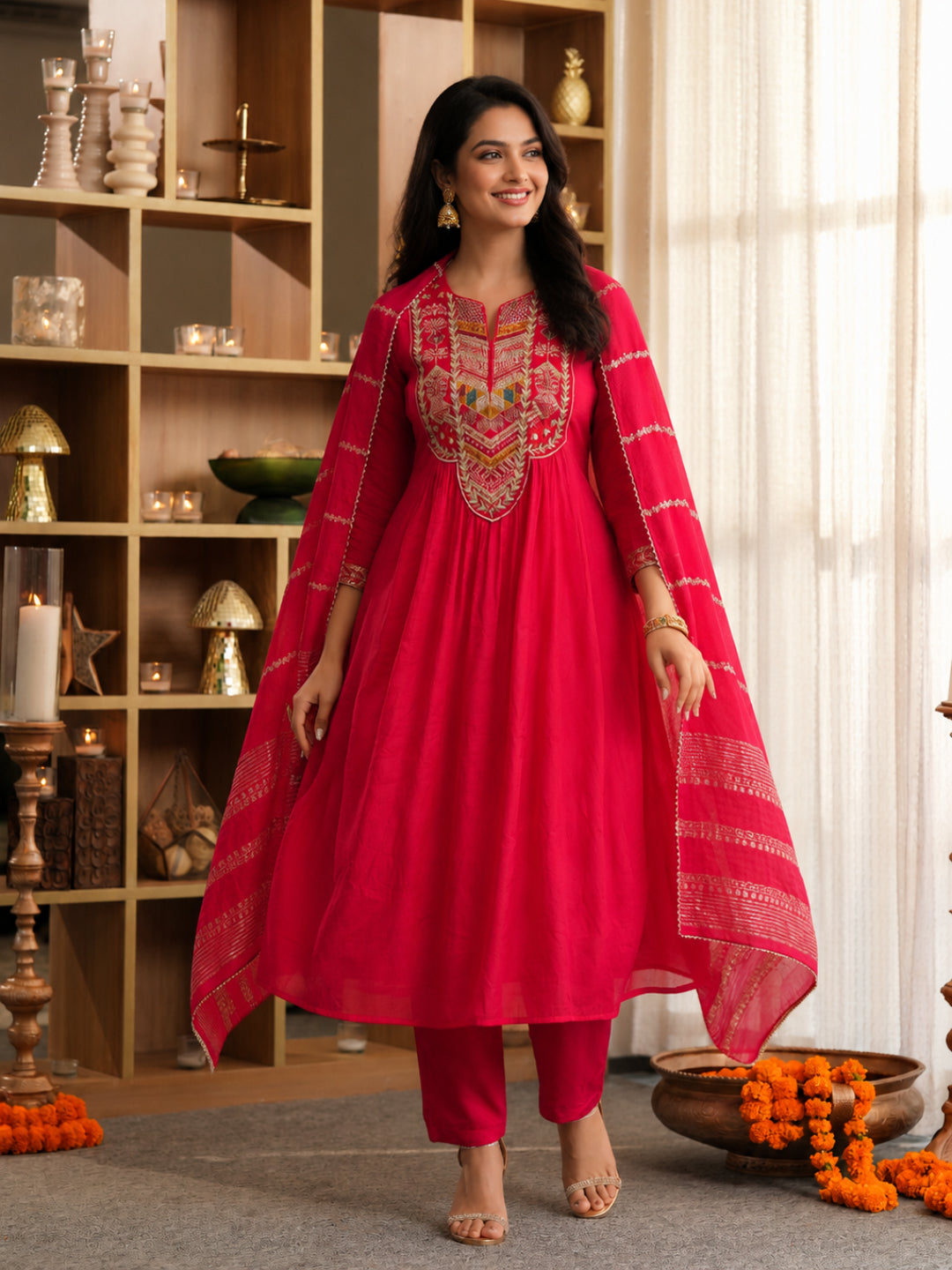 Mul Chanderi Embroidered Anarkali Suit - Red - BluAuraa