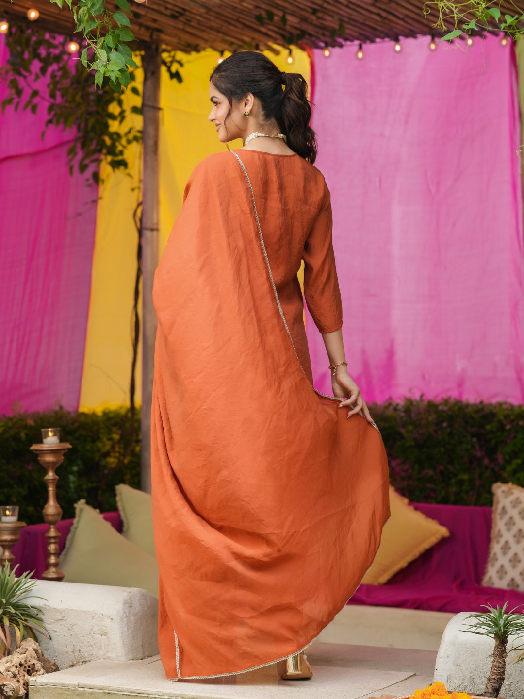 Mul Chanderi Embroidered Straight Suit - Rust Orange - BluAuraa