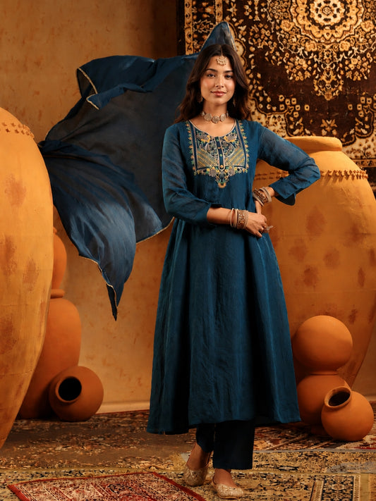 Blue Mul Chanderi Embroidered Anarkali Suit - BluAuraa