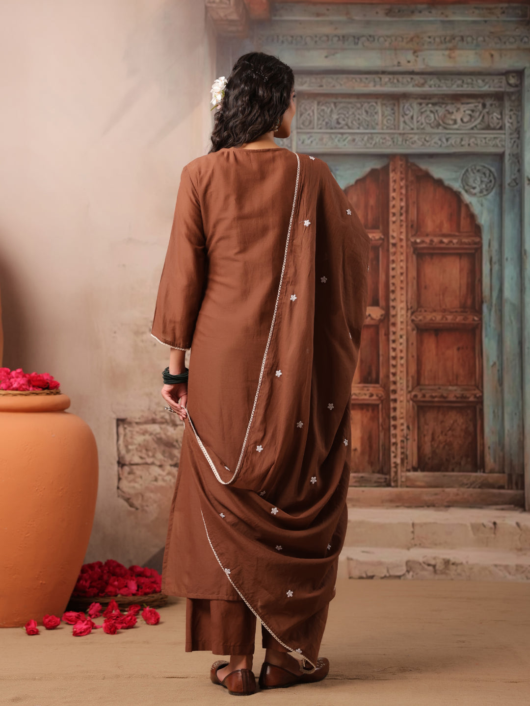 Coffee Brown Embroidered Kurta with Palazzos With Dupatta - BluAuraa