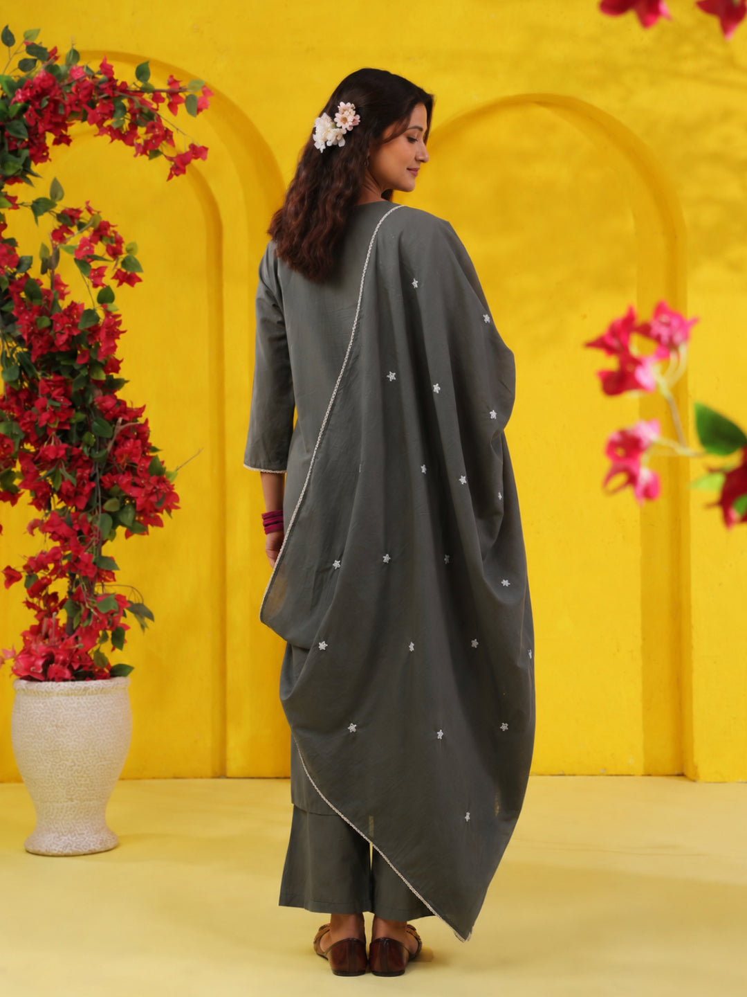 Grey Melange Embroidered Kurta with Trousers With Dupatta - BluAuraa