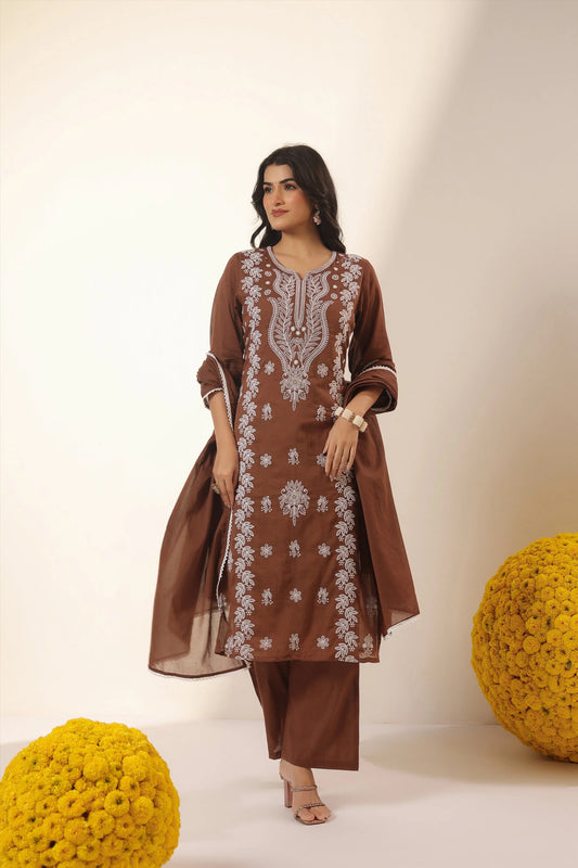 Cotton Mulmul Chikankari Embroidered Straight Suit - Chocolate
