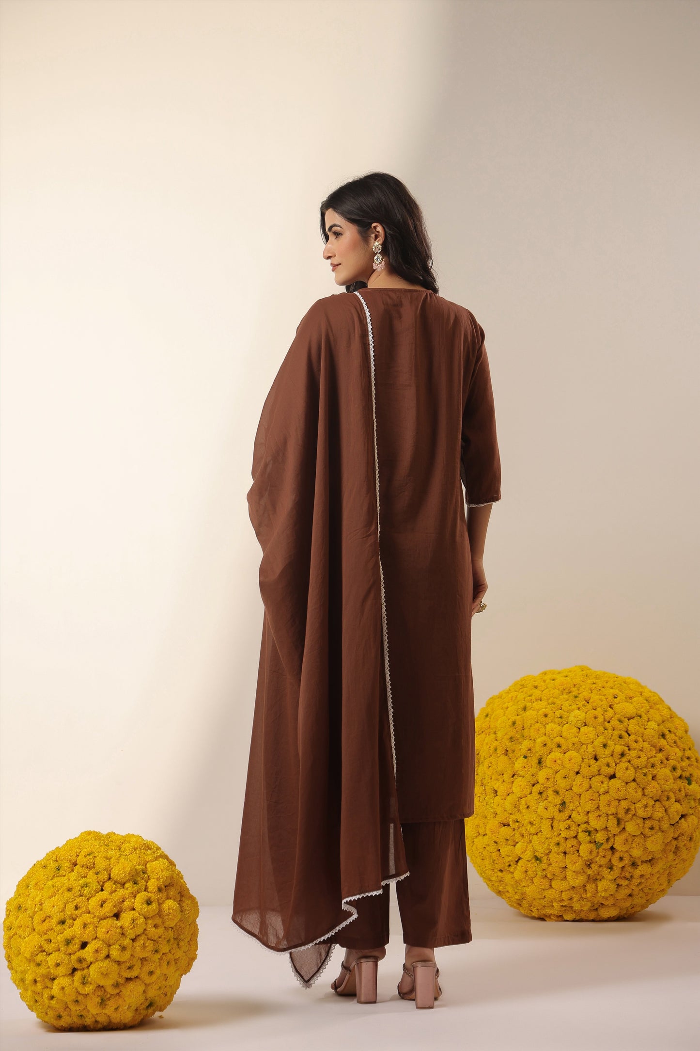 Cotton Mulmul Chikankari Embroidered Straight Suit - Chocolate