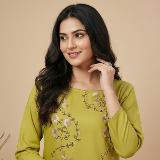 Lime Green Floral Embroidered Round Neck Tunic
