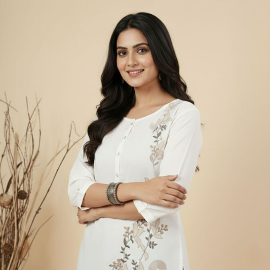 White Asymmetric Floral Embroidered Top