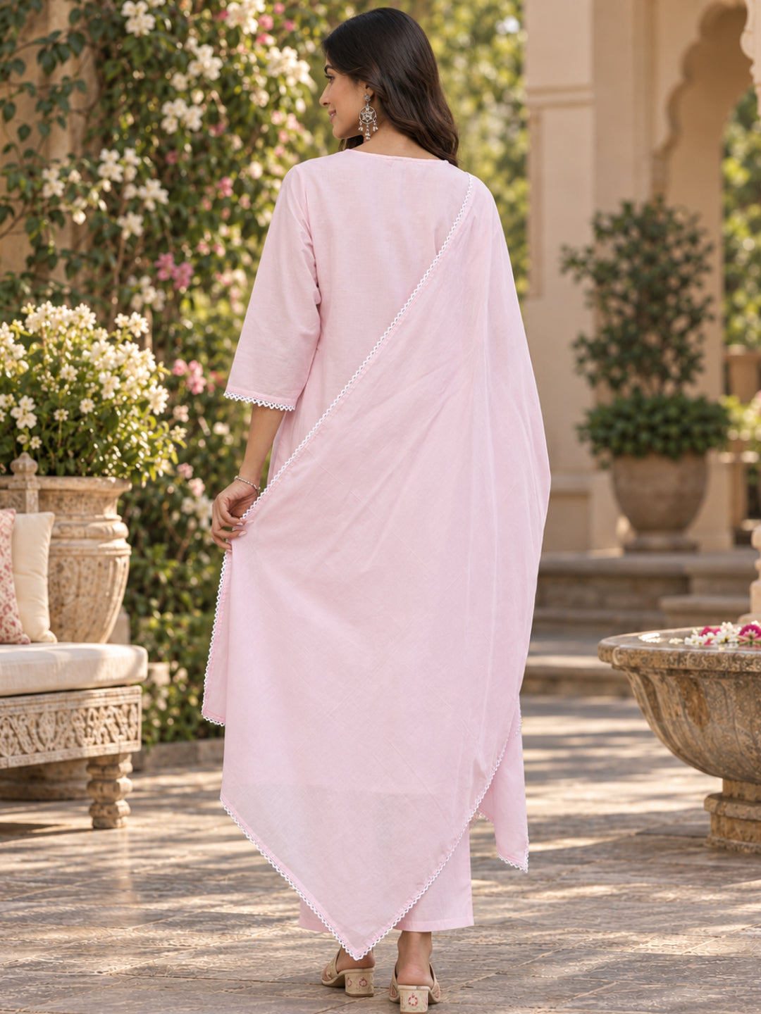 Cotton Mulmul Chikankari Embroidered Straight Suit- Baby Pink - BluAuraa