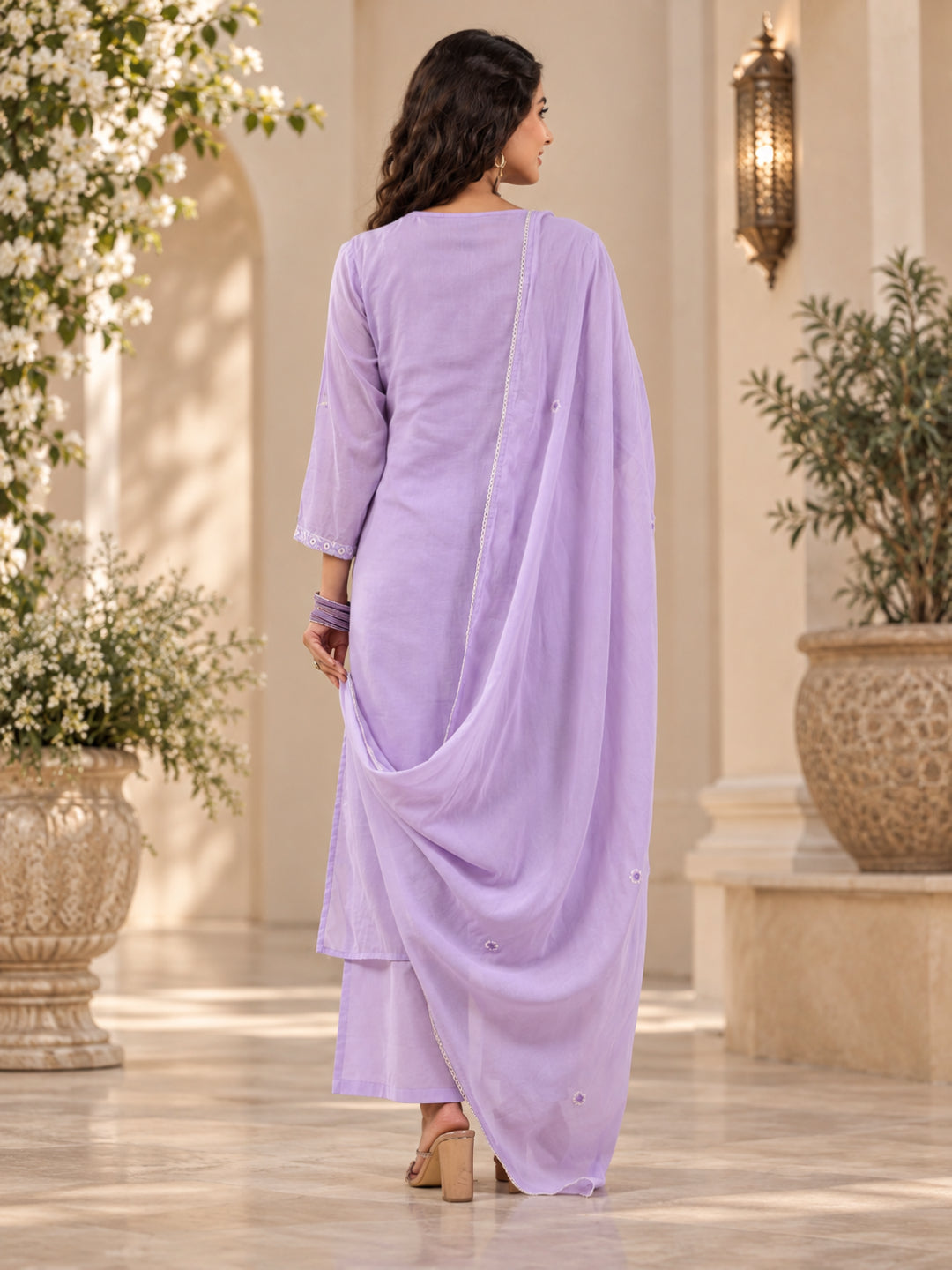 Lavander embriodred Kurta Set with Trouser and Dupatta - BluAuraa
