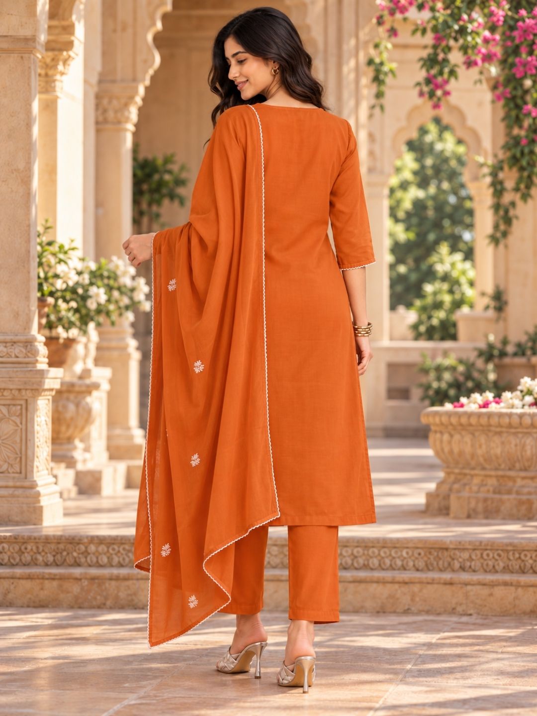 Rust Orange Chikankari Suit with Dupatta - BluAuraa