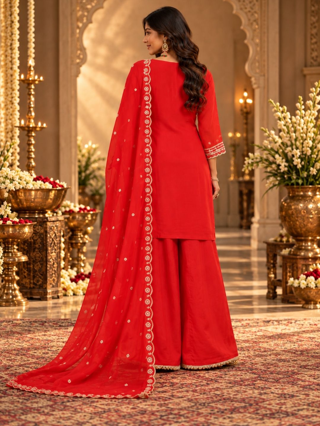 Red Embroidered Sharara Set with Dupatta - 1128 - BluAuraa