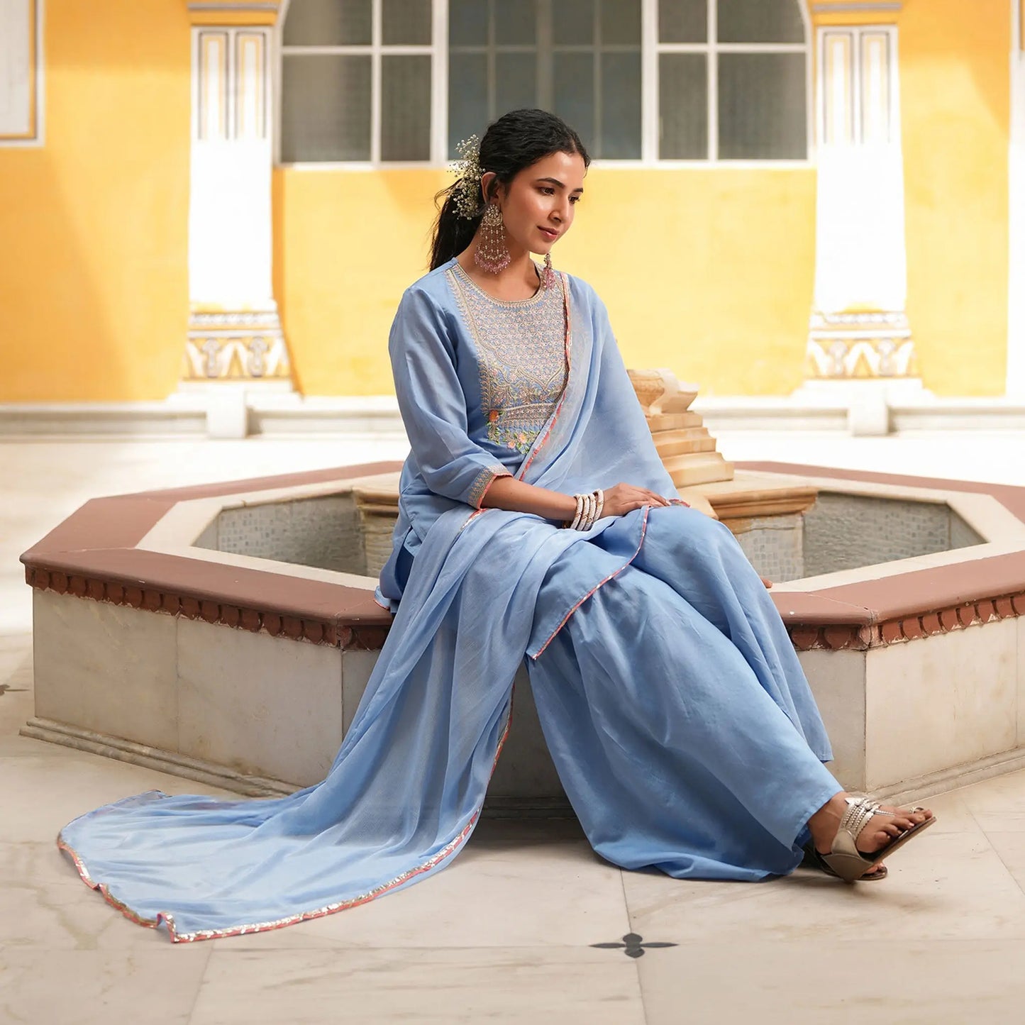 Chanderi Silk Embroidered Sharara Set - Bluauraa