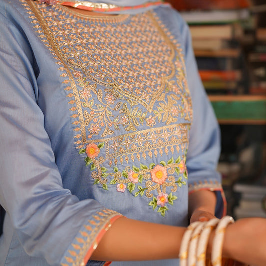 Chanderi Silk Embroidered Sharara Set - Bluauraa