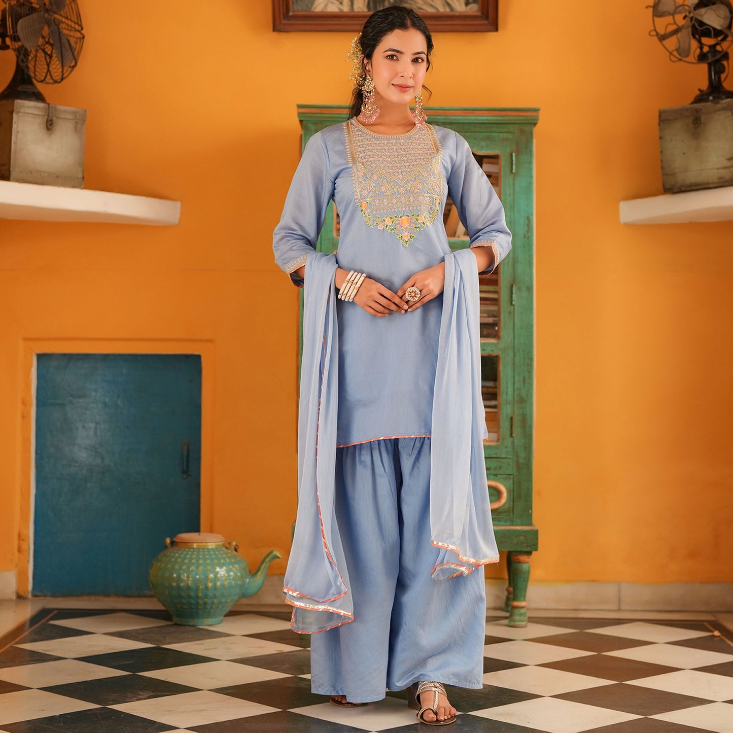 Chanderi Silk Embroidered Sharara Set - Bluauraa