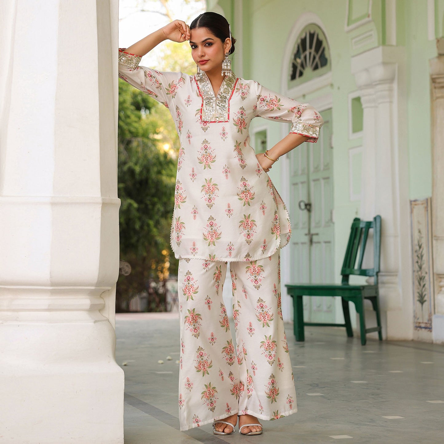 Chanderi Silk Floral Printed Co - ord Set - Bluauraa