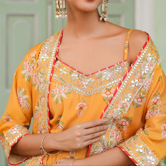 Chanderi Silk Floral Printed Shrug Set - Bluauraa