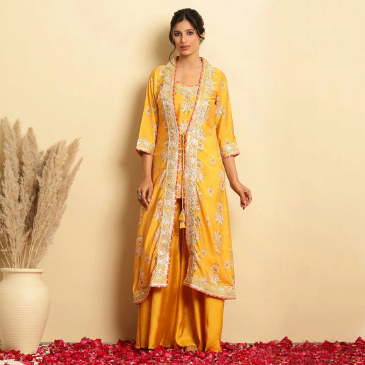 Chanderi Silk Floral Printed Shrug Set - Bluauraa