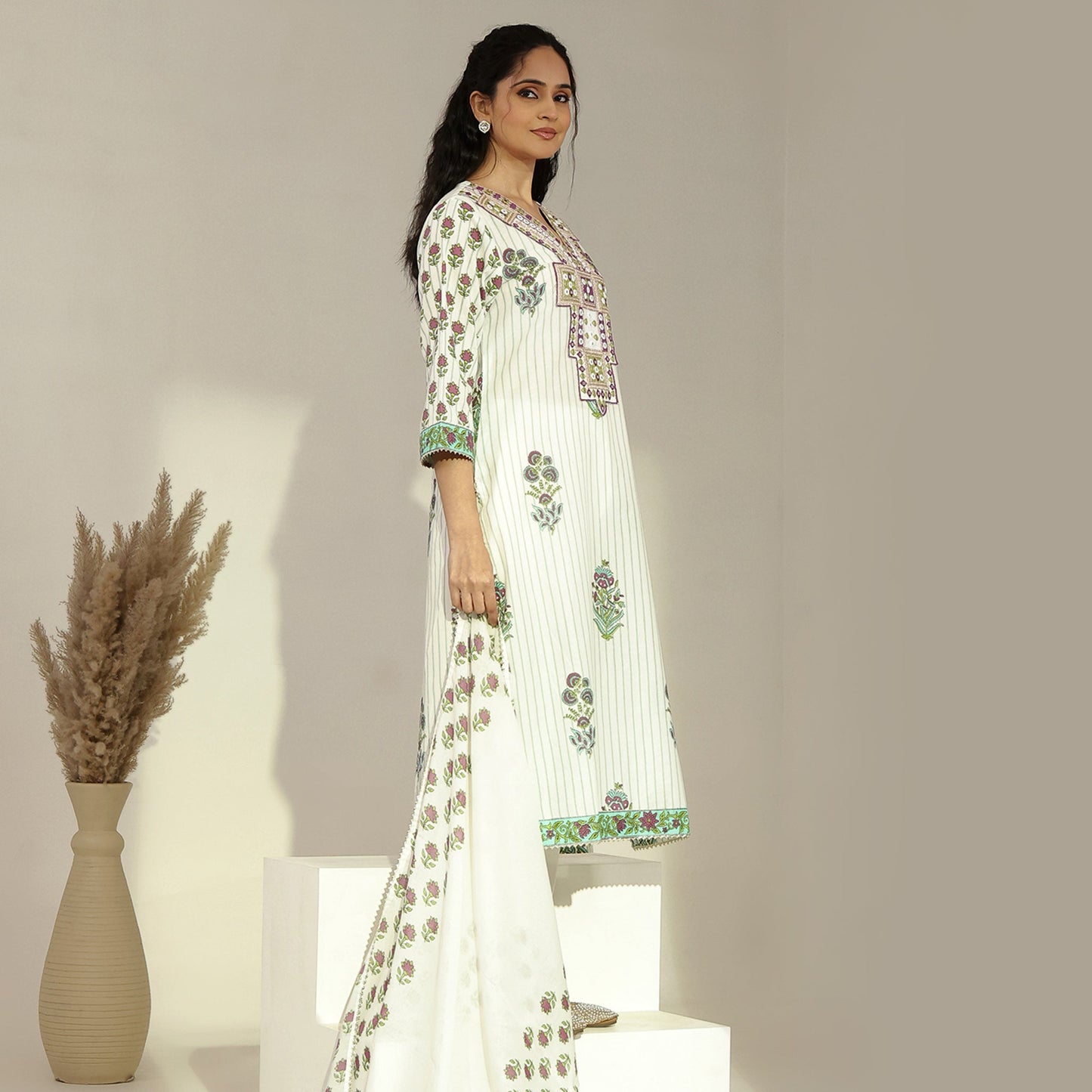 Cotton Floral - Printed Embroidered Straight Suit - Bluauraa