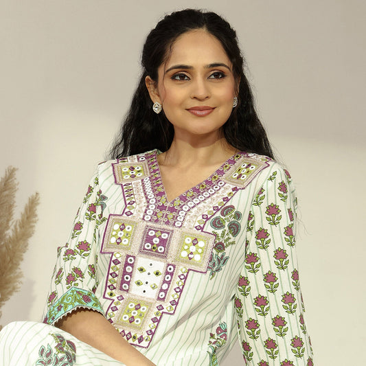 Cotton Floral - Printed Embroidered Straight Suit - Bluauraa