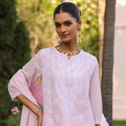 Cotton Mulmul Chikankari Embroidered Straight Suit Baby Pink - Bluauraa