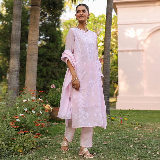 Cotton Mulmul Chikankari Embroidered Straight Suit Baby Pink - Bluauraa