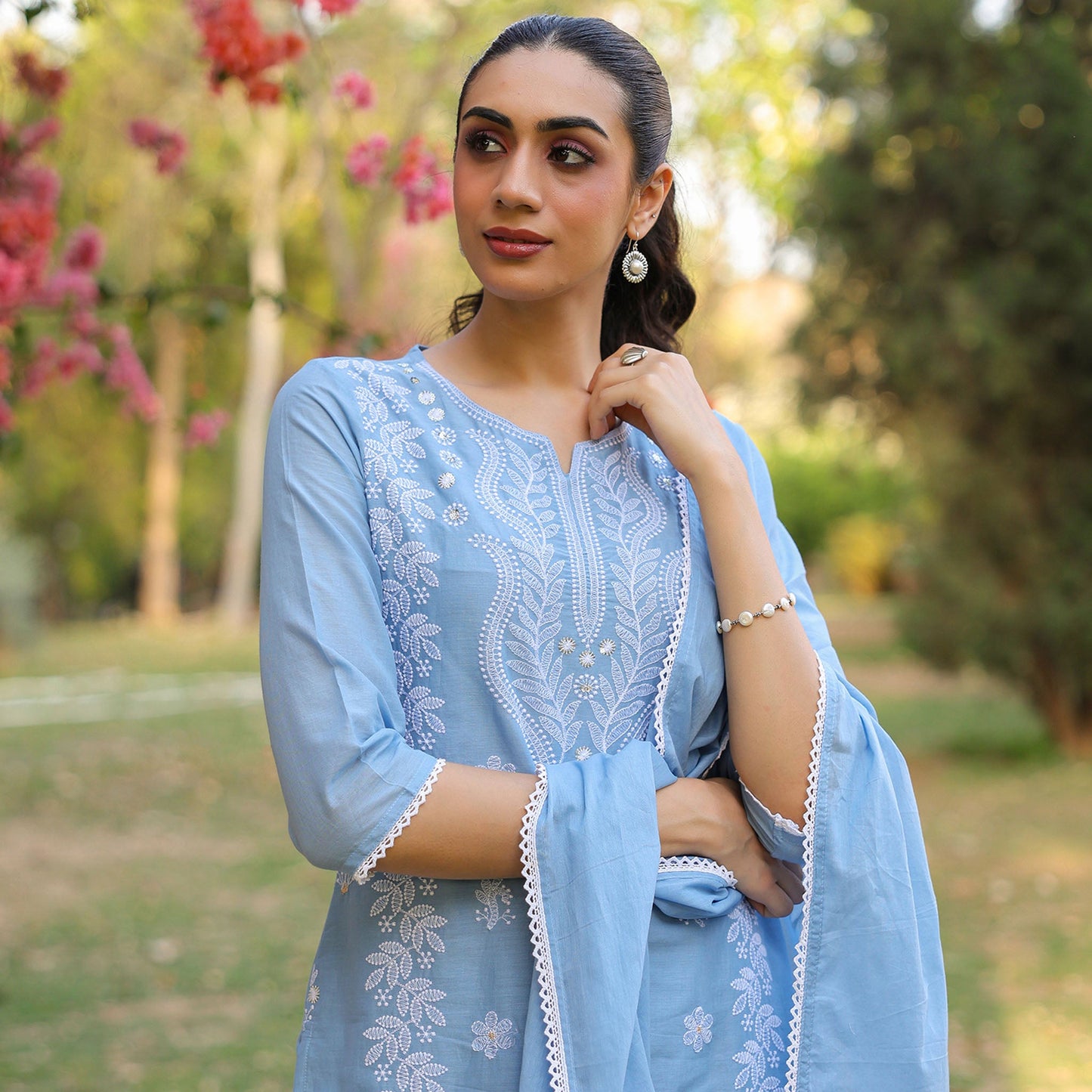 Cotton Mulmul Chikankari Embroidered Straight Suit Powder Blue - Bluauraa