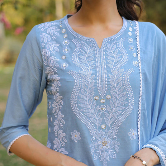 Cotton Mulmul Chikankari Embroidered Straight Suit Powder Blue - Bluauraa