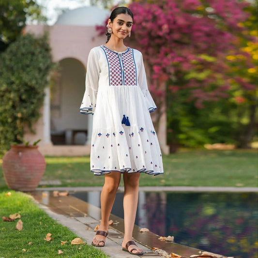 Cotton Mulmul Embroidered Dress - Bluauraa