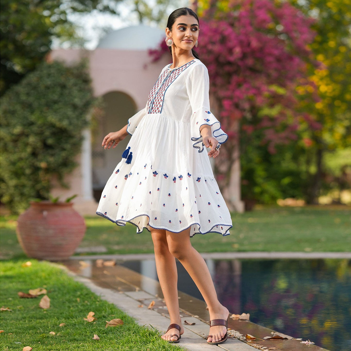 Cotton Mulmul Embroidered Dress - Bluauraa