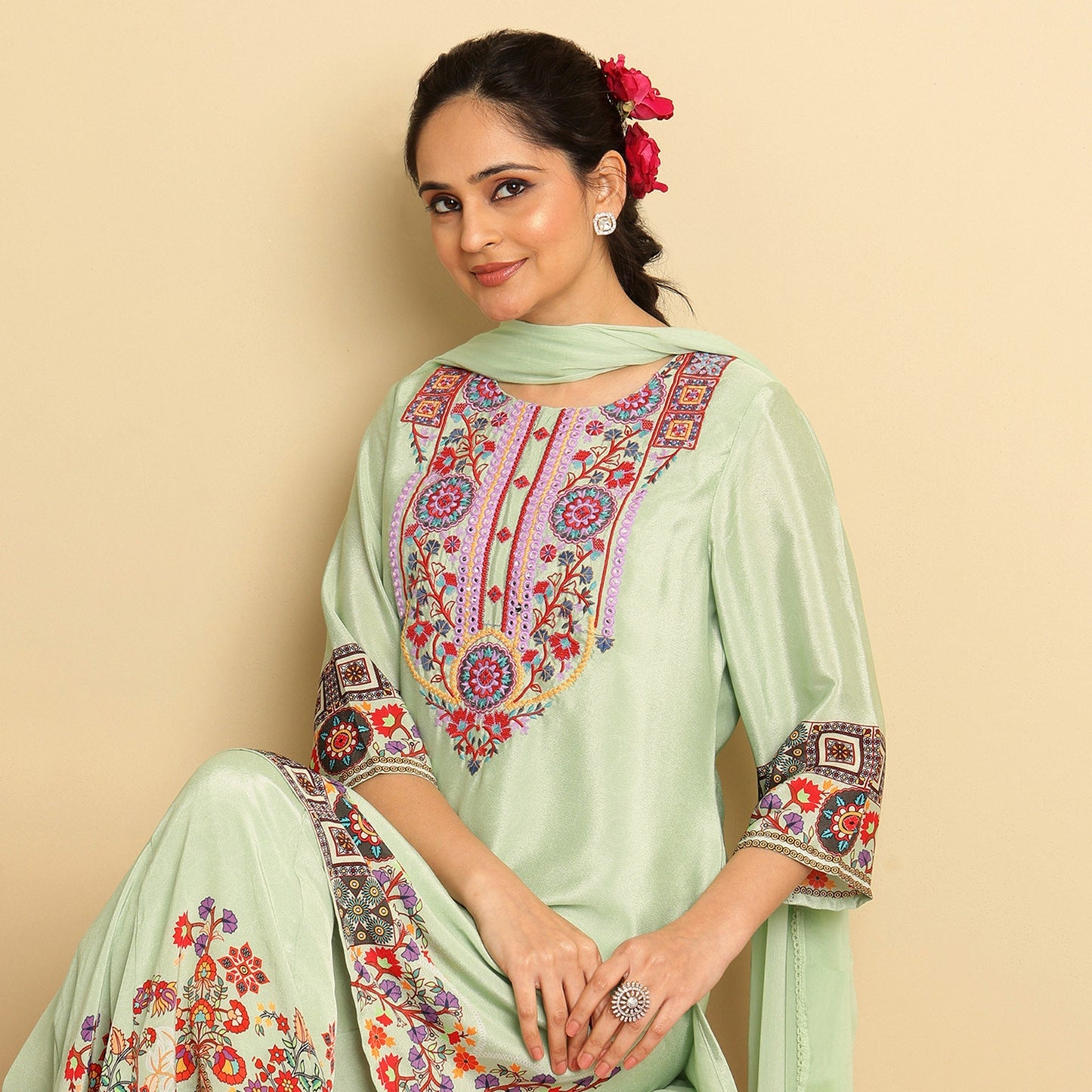 Crepe Silk Printed - Embroidered Sharara Set - Bluauraa