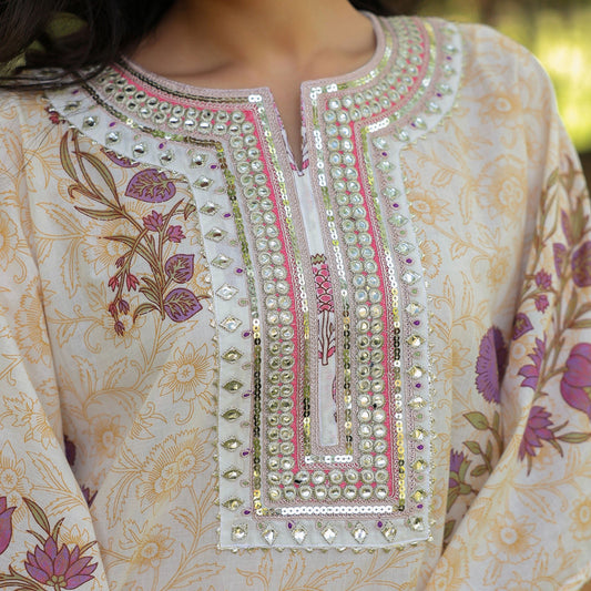 Jaal - Pattern Cotton Block Printed Kaftan Set - Bluauraa