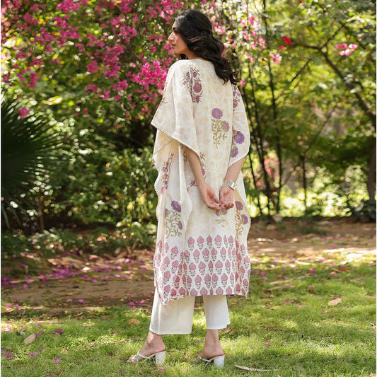 Jaal - Pattern Cotton Block Printed Kaftan Set - Bluauraa