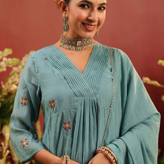 Mul Chanderi Hand Embroidered Anarkali Suit - Bluauraa