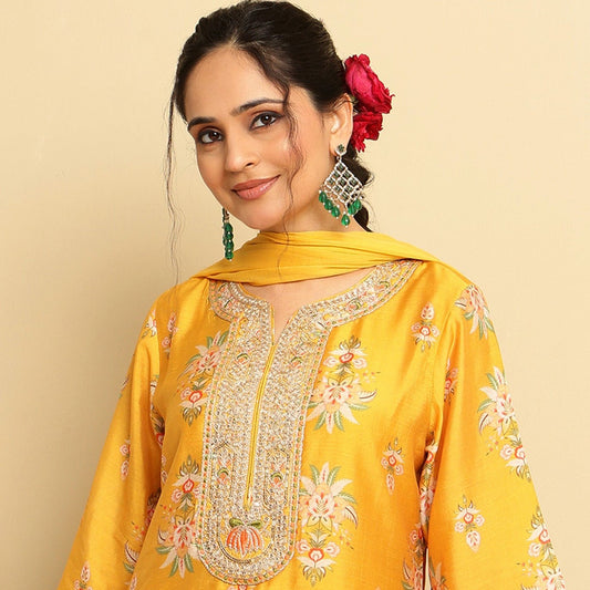 Mustard Floral Chanderi Silk Straight Suit - Bluauraa