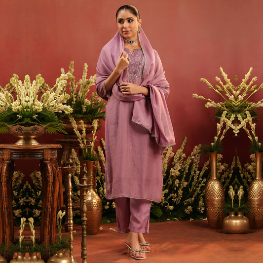 Lavender Mul Chanderi Hand Embroidered Straight Suit Set