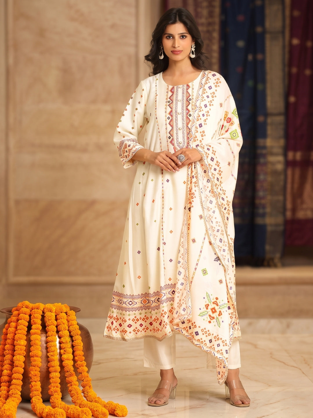 Chanderi Silk Patola Printed Anarkali Set - Bluauraa